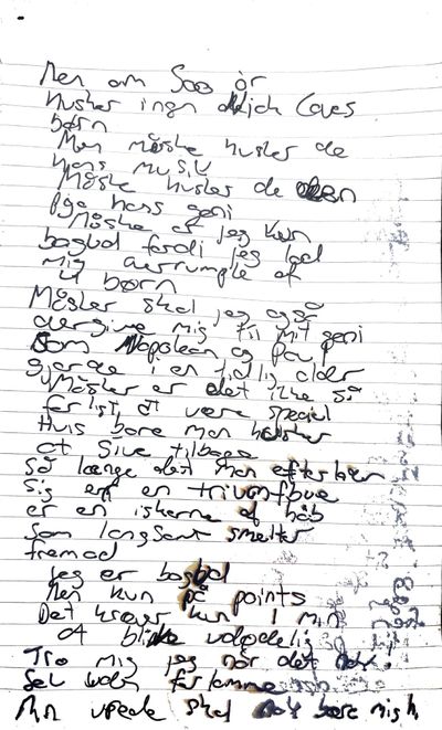 Håndskrevet originalmanuskript til Bagud af T.K. Bars, side 3 af 3.