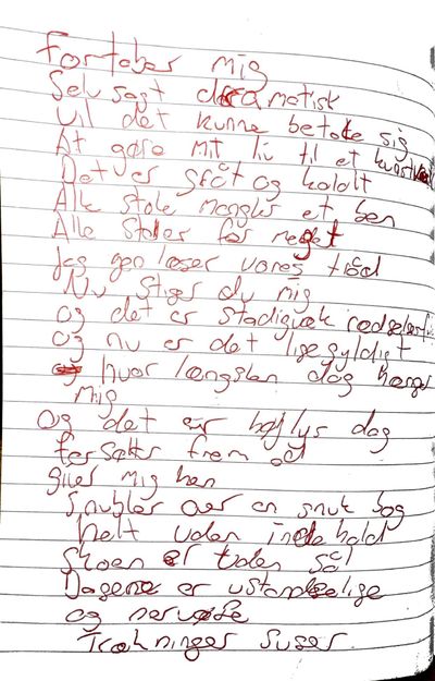 Håndskrevet originalmanuskript til Giver op af T.K. Bars, rød blæk, side 2 af 2.