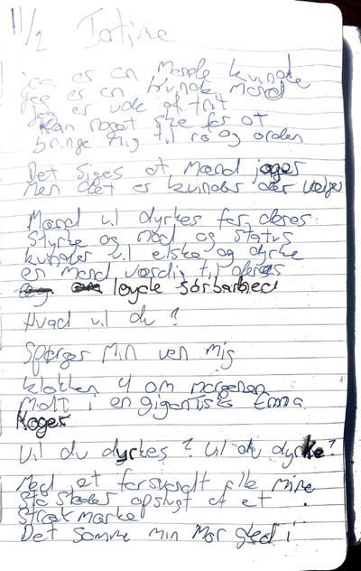 Håndskrevet originalmanuskript til Jeg er en mandekvinde af T.K. Bars, side 1 af 4.