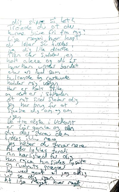 Håndskrevet originalmanuskript til J eg vil gerne være fri af T.K. Bars, side 3 af 5.