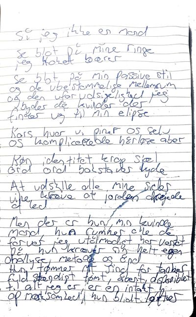 Håndskrevet originalmanuskript til Jeg er en mandekvinde af T.K. Bars, side 3 af 4.