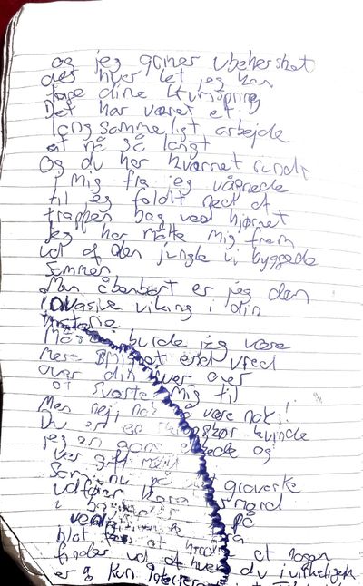 Håndskrevet originalmanuskript til Så du tror du kan af T.K. Bars, side 4 af 4 — vandskadet.